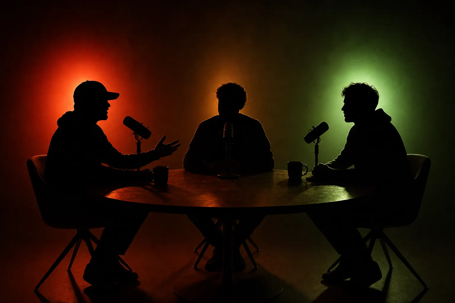 Three silhouetted podcast hosts around a table lit in red, amber, and green