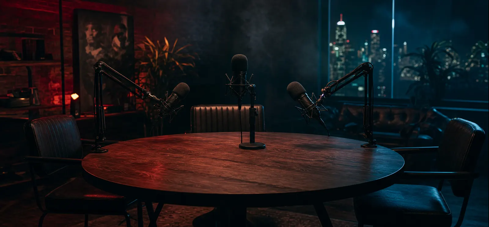 Moody LOT Entertainment podcast table set with three microphones ready for recording