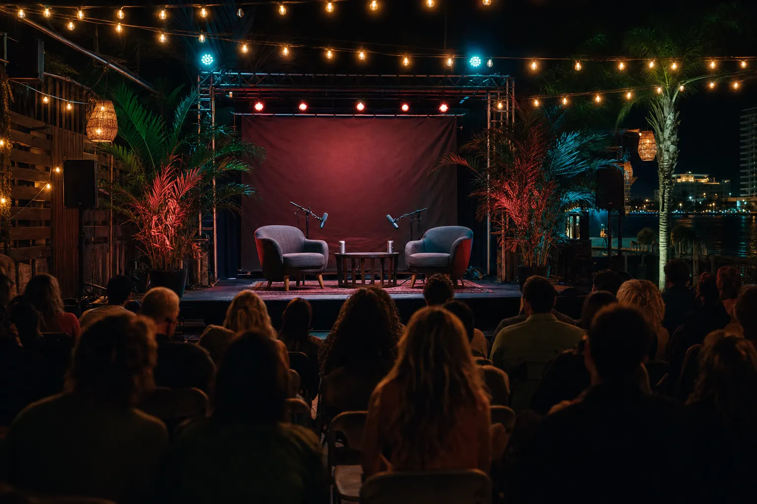 Outdoor live taping stage with string lights and a gathered crowd